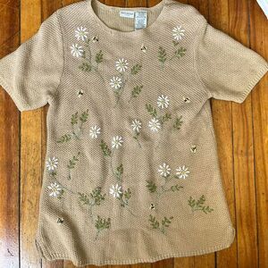 White Stag Knit Sweater Top Embroidered Women's L Brown Vintage 90s